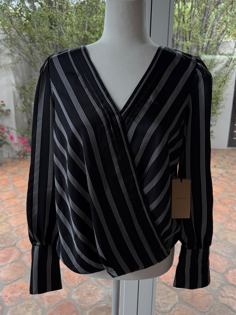 Halogen Black & White Striped Wrap-Front Blouse